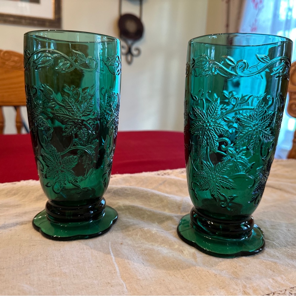 PRINCESS HOUSE Crystal FANTASIA Emerald Green Footed Glass Tumblers 18 OZ. EUC!